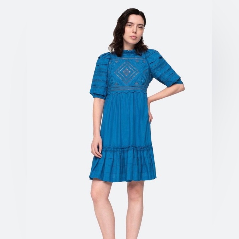Sea New York- Blue “Talitha” Half Puff Sleeve Cut Out Eyelet Dress size 2 Cotton